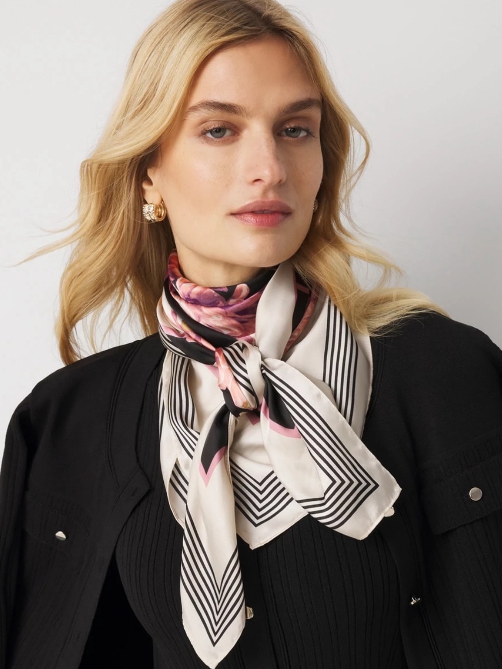 WHBM  Pink and Black Floral Square Scarf